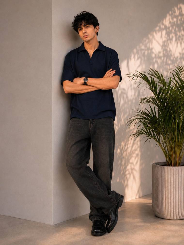 Knitted Open Collar Polo in Navy