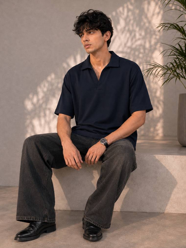 Knitted Open Collar Polo in Navy