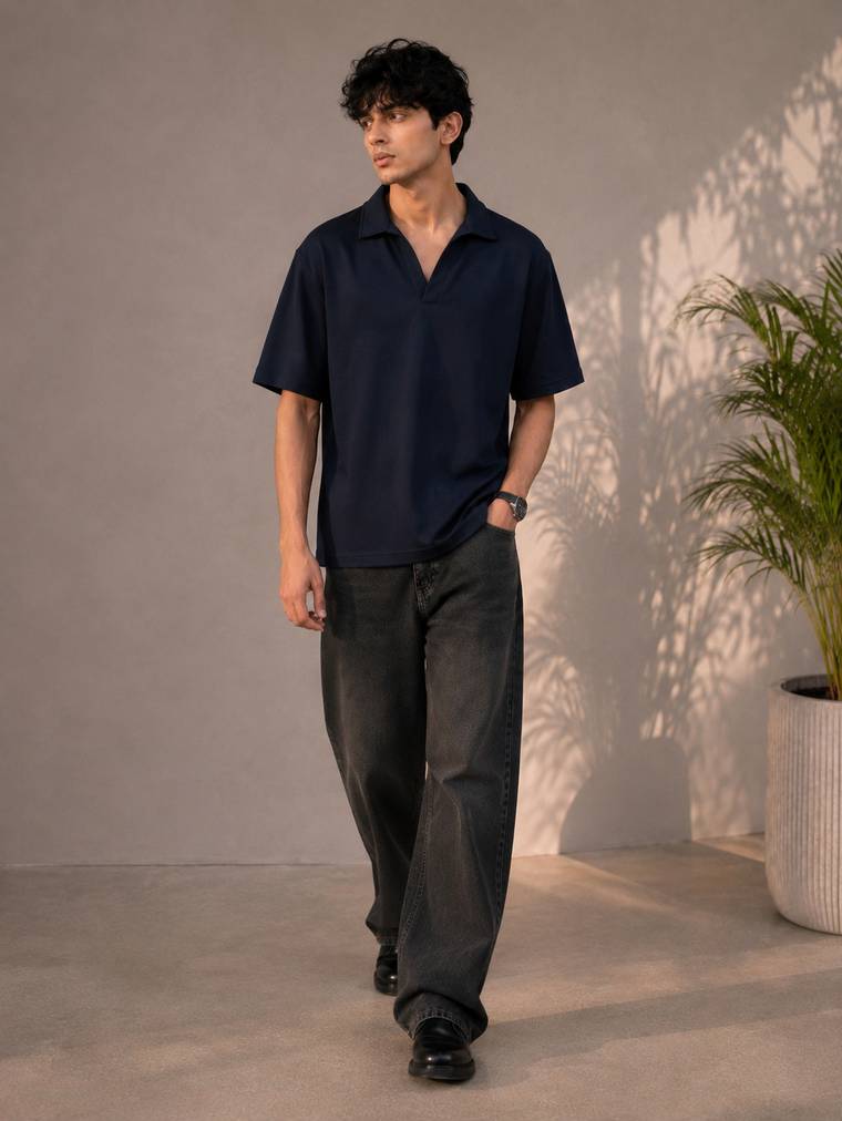 Knitted Open Collar Polo in Navy