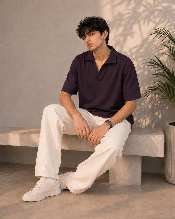 Knitted Open Collar Polo in Burgundy