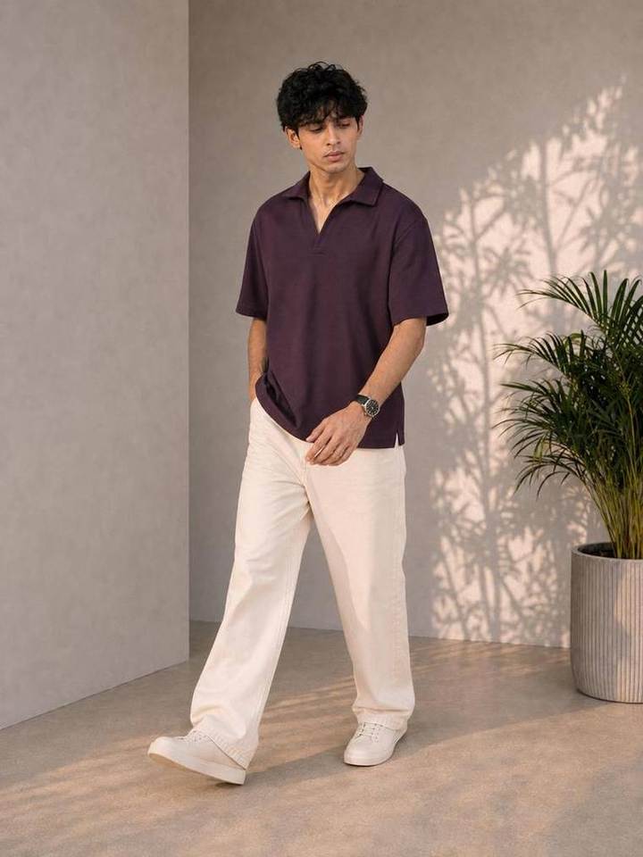 Knitted Open Collar Polo in Burgundy