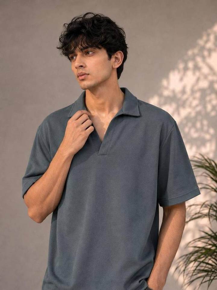 Knitted Open Collar Polo in Slate
