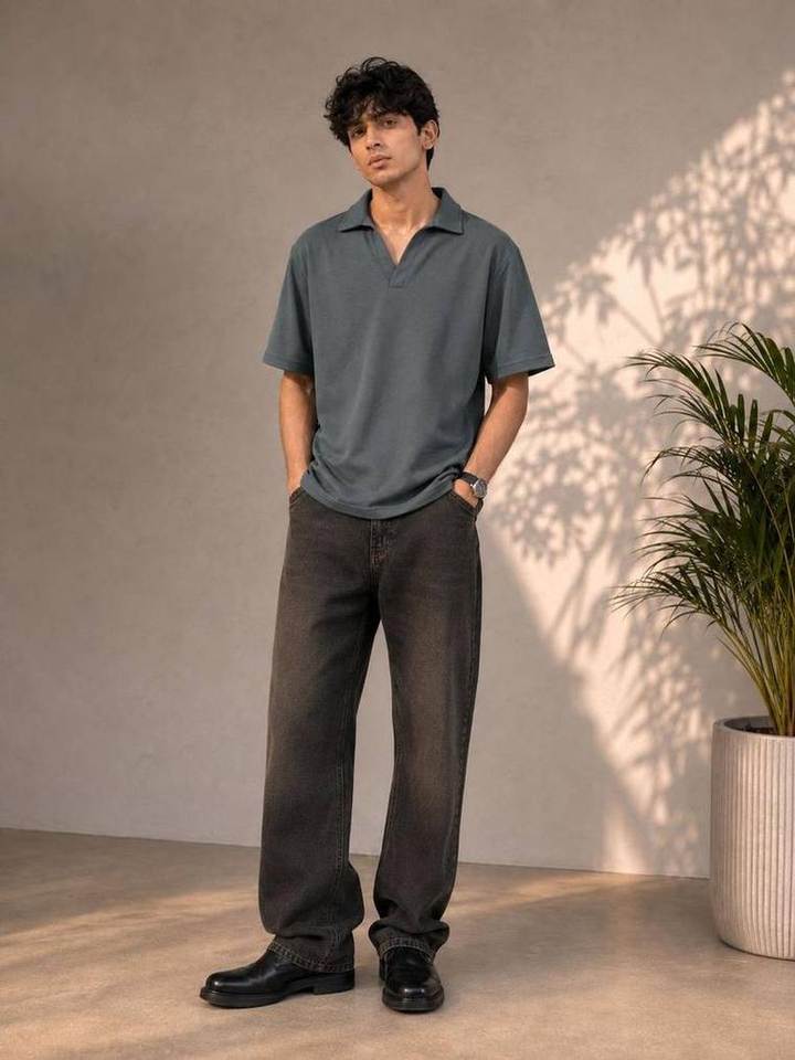 Knitted Open Collar Polo in Slate